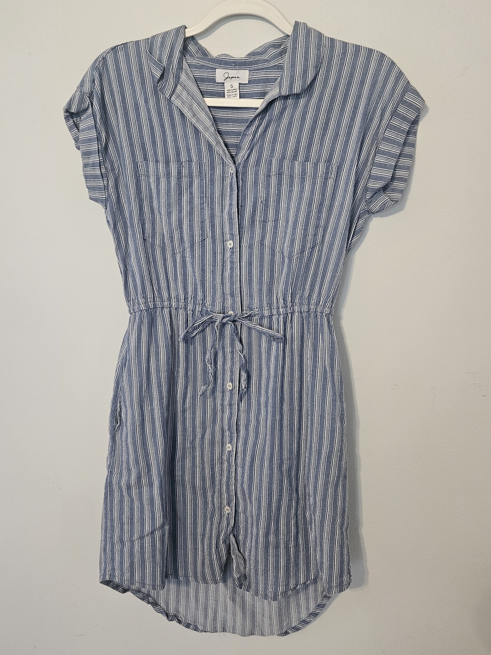 Japna Blue and White Striped Mini Shirt Dress with Drawstring